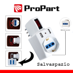 ADATTATORE MULTIPRESA 2 POSTI BIPASSO/SCHUKO + 2 PORTE USB SPINA 10A SALVASPAZIO BIANCA PROPART PES1079-W