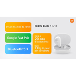 AURICOLARI XIAOMI REDMI BUDS 4 LITE WIRELESS EARPHONES BIANCHI BLUETOOTH 5.3