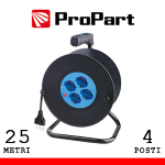 PROLUNGA AVVOLGICAVO 25 METRI CON MULTIPRESA 4 POSTI BIPASSO/SCHUKO 16A CON PROTEZIONE TERMICA | PROPART PEA8-25-BK